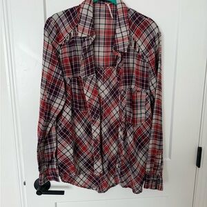 Free People Red and Black Plaid Button Down Shirt